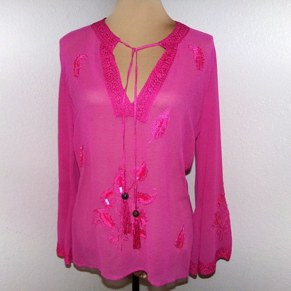 NWT Cami Pink Sheer Embroidered Blouse with Sequins